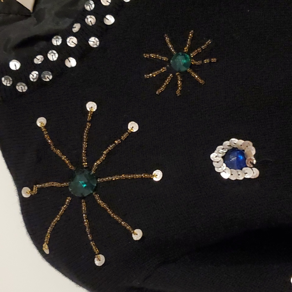 VINTAGE Black long sleeve lined cardigan bead rhinestone embellished Medium EUC - Picture 6 of 10